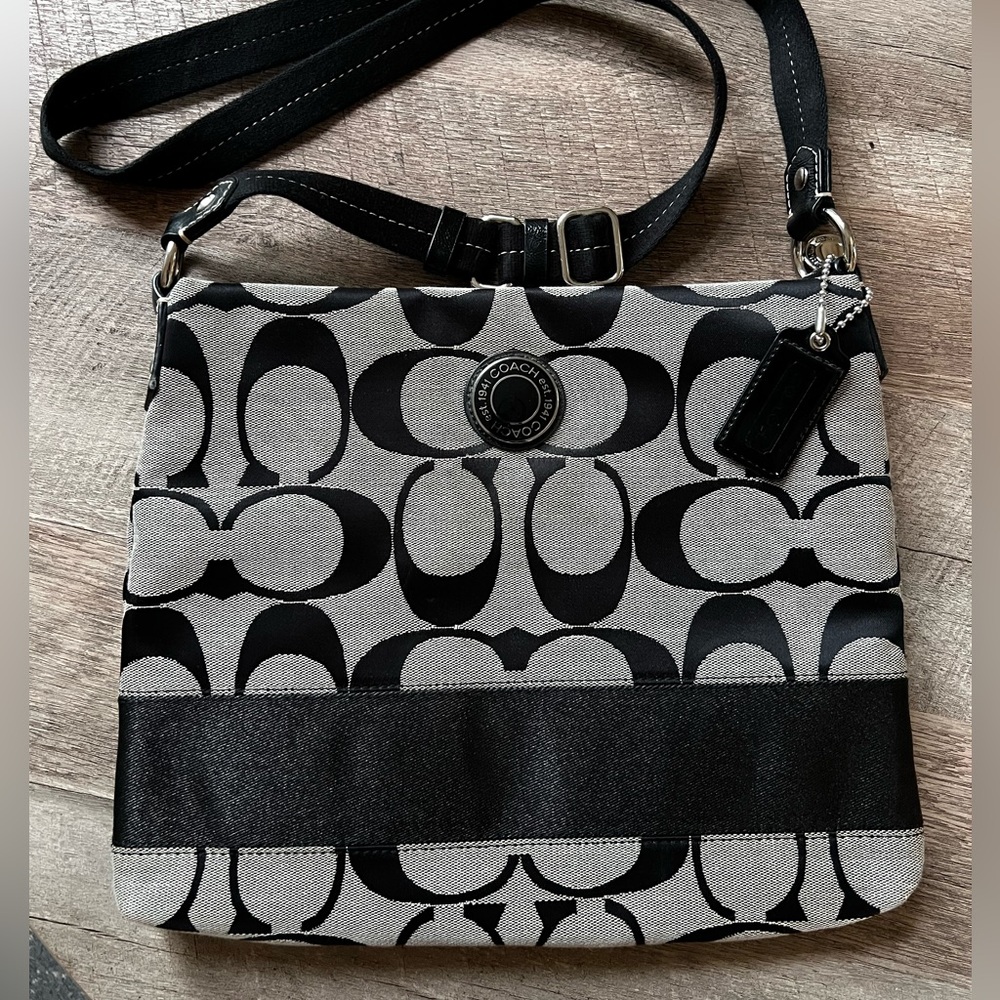 Coach Black and Gray Crossbody Bag with Signature Pattern